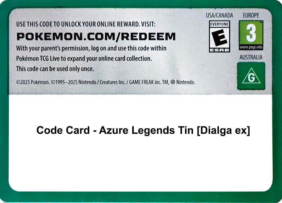 Code Card - Azure Legends Tin [Dialga ex] [Miscellaneous Cards and Products]