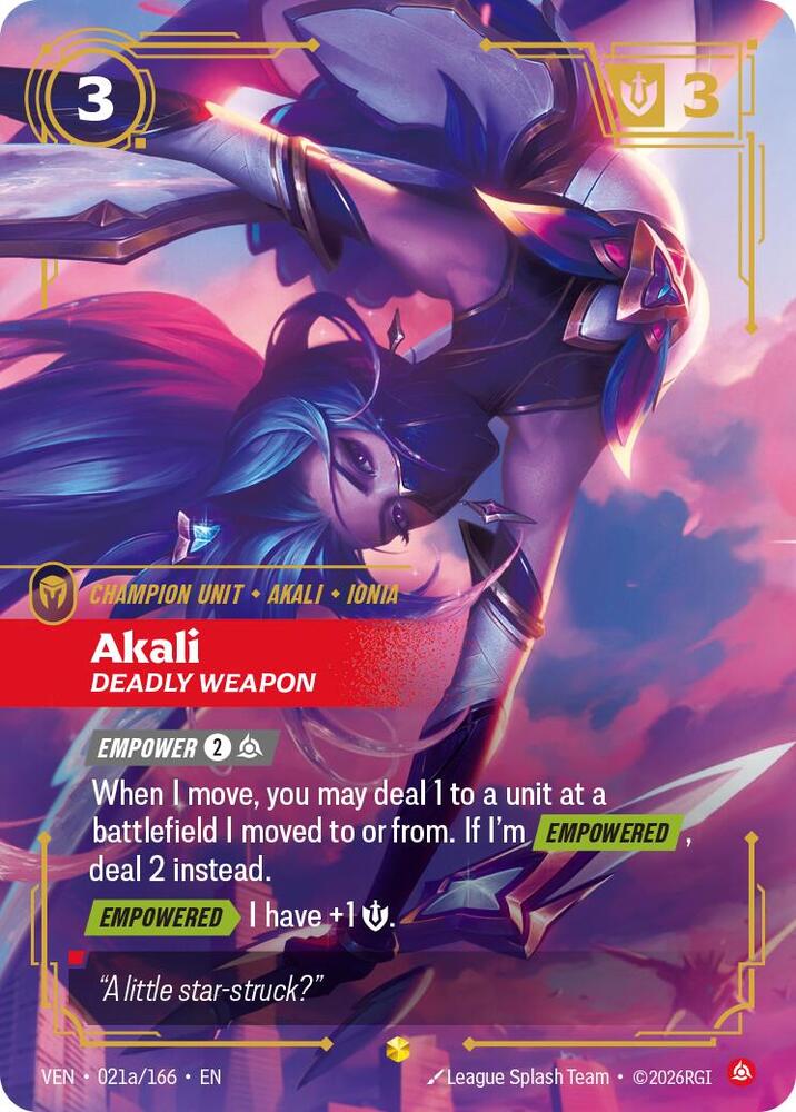 Akali, Deadly Weapon (Alternate Art) (021a/166) [Vendetta]